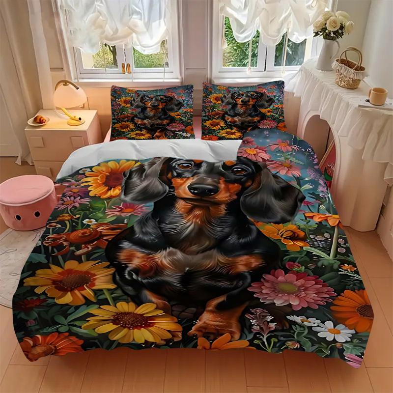 3pcs Dachshund Dog Floral Garden Bedding Set, Includes One Quilt Cover and Two Pillowcases (No Core), Anime Cartoon Design, Polyester Fabric