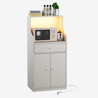 Cabinet - Wooden Sideboard, 2 AC Power Ports/2 USB Ports, Bluetooth LED Light Strip, Single Drawer, White.