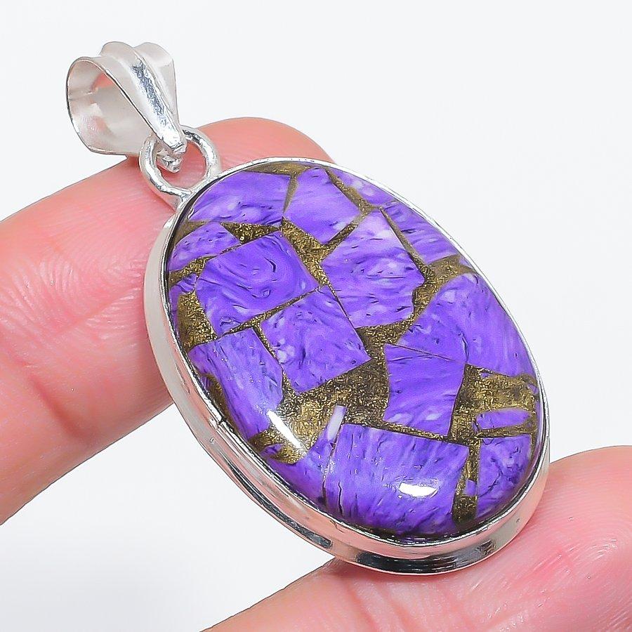 Natural Copper Charoite Gemstone 925 Sterling Silver Jewelry Pendant 1.93" g7m50