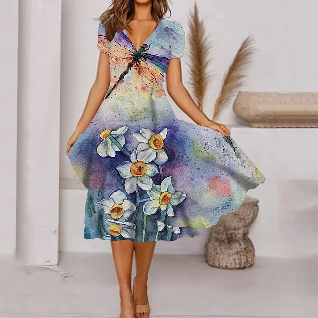 Women's Spring And Summer Fashion V-neck Short-Sleeved Printed Loose Hem Dress