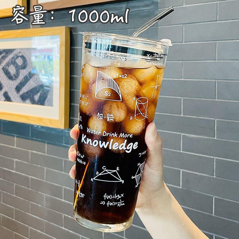 1000ml velkokapacitní matematický vzor čirý skleněný hrnek s víčkem a nerezovou brčkem na mléko a šťávu, kávový hrnek