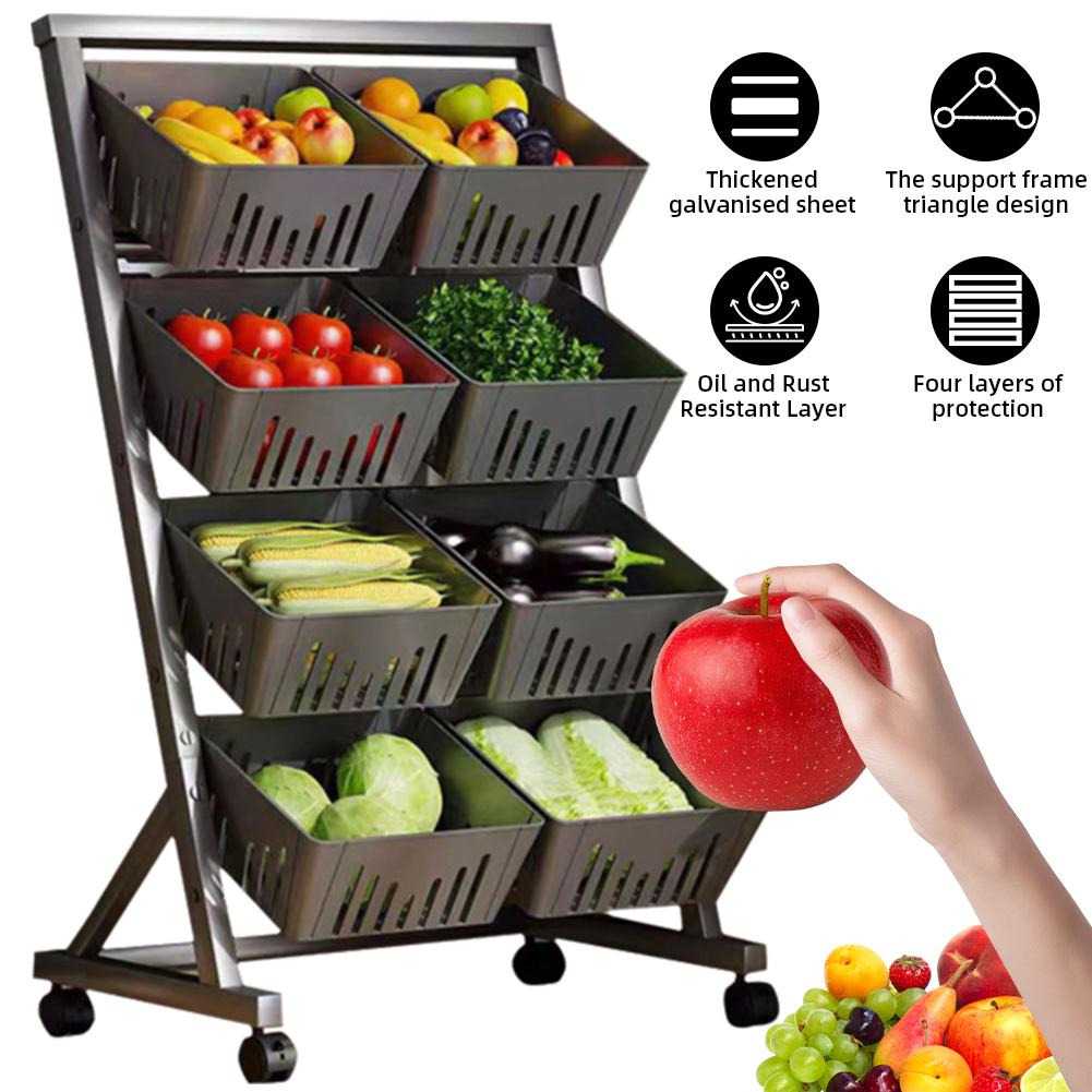 4-Tier Fruit and Vegetable Basket W/Rolling Wheels Fruit Basket Stand Vegetable Storage Rack for Pantry Bathroom Laundry Room