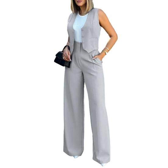 Damen 2-teilige Business-Outfits V-Ausschnitt Knopfleiste Crop Westen-Tops und High-Waist Hosen Set Sommer Büro Arbeitsanzug