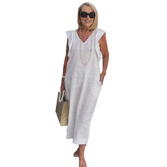 Sommerkleid für Damen, V-Ausschnitt, lockere, einfarbige, fliegende Ärmel, böhmisches, wadenlanges, weiches, atmungsaktives Midikleid für den Strandurlaub