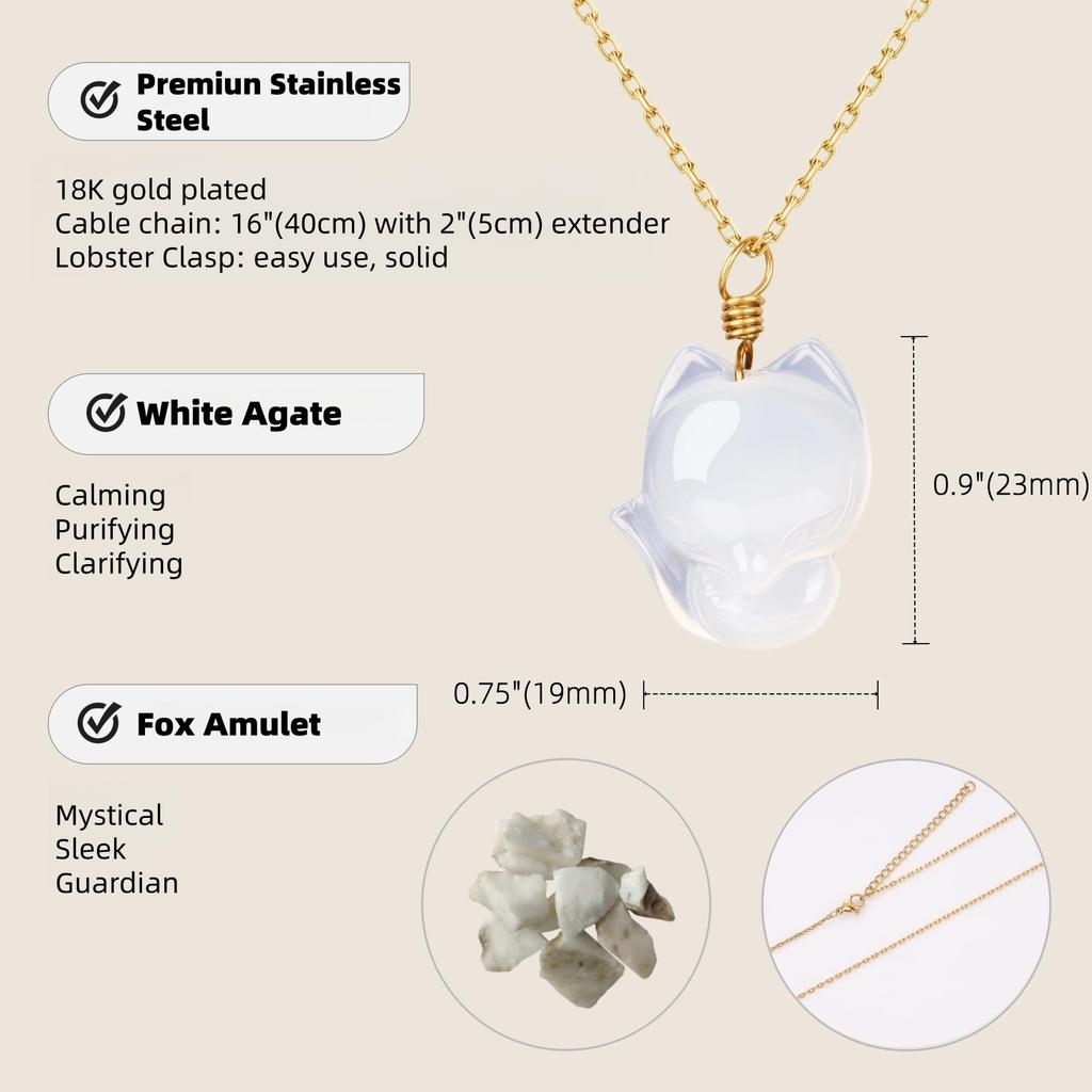 White Agate Fox Necklace for Protection from Evil [Koai] Women,