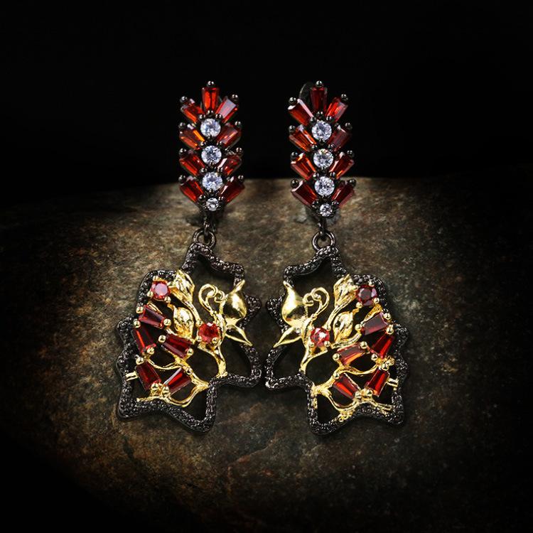 Light Luxury Hollow Design Inlaid with Red Square Zircon Jewelry Three-piece Set-fashion Ring Necklace Ladies Earrings