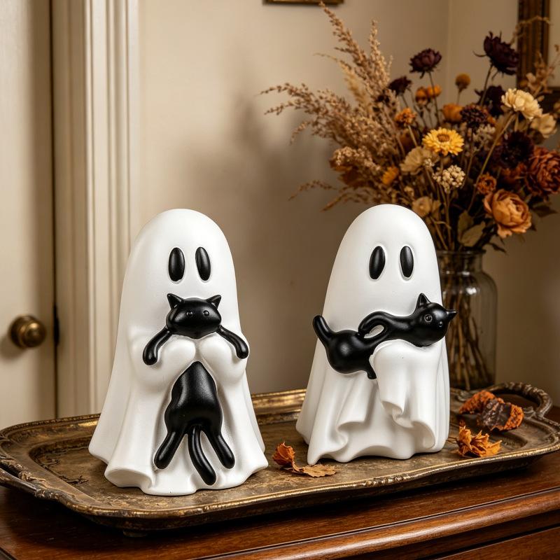 Halloween Ghost Black Cat Resin Figurine Desktop