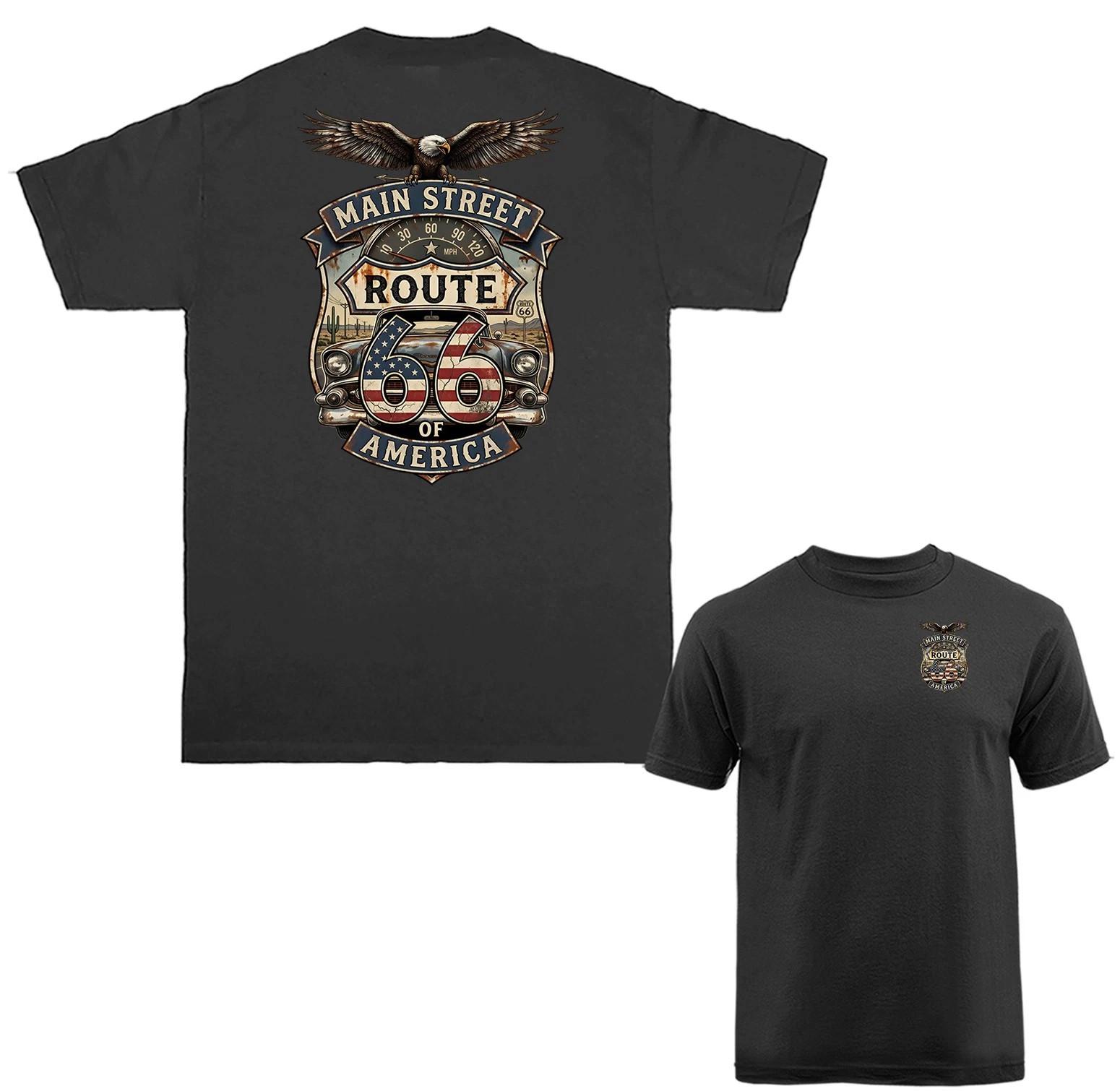 Route 66 Main Street of America Patriotic Eagle Vintage Car USA Flag T-shirt XXXXL