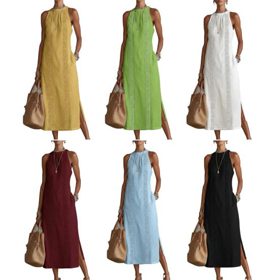 Vestito estivo da donna senza maniche con girocollo, tunica, vestito canotta, casual, ampio, boho, da spiaggia, con spacco laterale, abito estivo