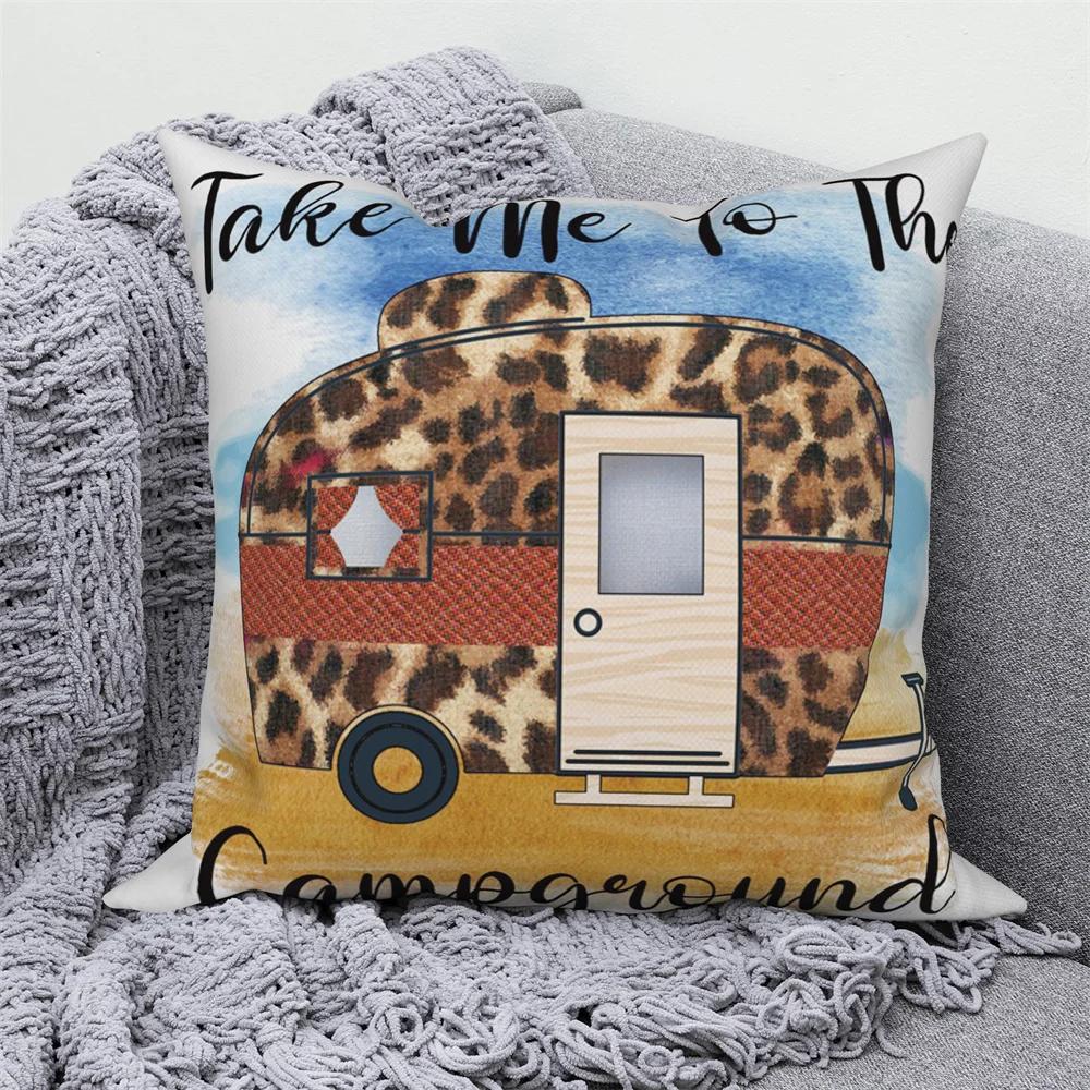Decorative Cushion Covers Camping Bus Printed Pillow Home Sofa Throw
