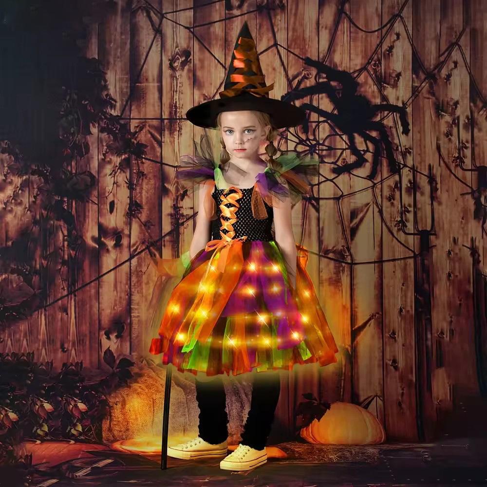 2025 Halloween Child Witch Cosplay Costume Vampire LED Light Luminous Tulle Tutu Dress Ghost Dress Up Carnival Party Witch Cape