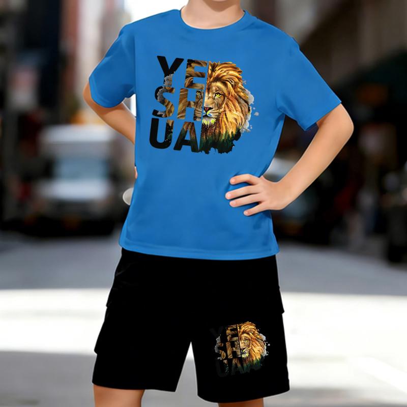 Boys 2 Piece Majestic Lion Print Outfit, Short Sleeve T-Shirt and Shorts Set for Kids Age 5-14,  Black and White Sporty Casual Summer Clothes