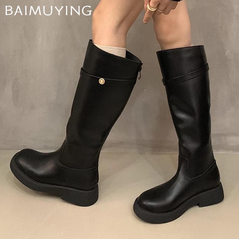 Winter Women High Boots Leather Knee High Fashion Shoes 2025 Trend New Brand Classic Goth Gladiator Motorcycle Botas De Mujer
