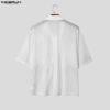 INCERUN Summer Men Lapel Short Sleeve Striped Mesh Sheer Shirts Tops