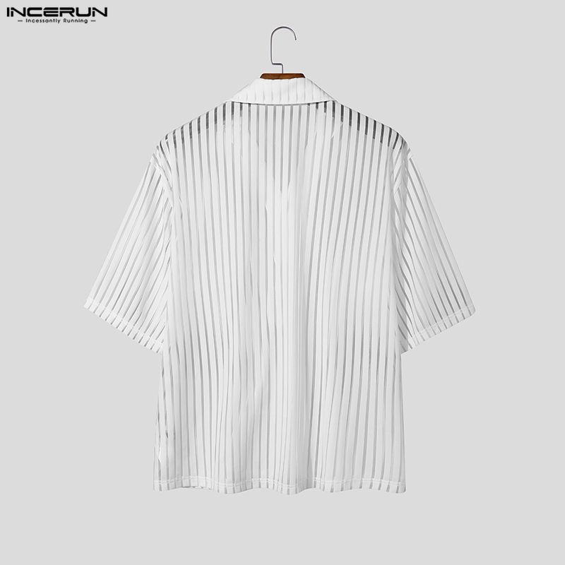 INCERUN Summer Men Lapel Short Sleeve Striped Mesh Sheer Shirts Tops