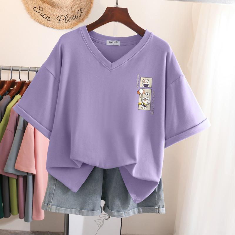 

Футболка из 100 хлопка L-5XL, футболка большого размера с коротким рукавом, женская летняя футболка с японским мультяшным принтом и V-образным вырезом, большие футболки 5XL фиолетовый