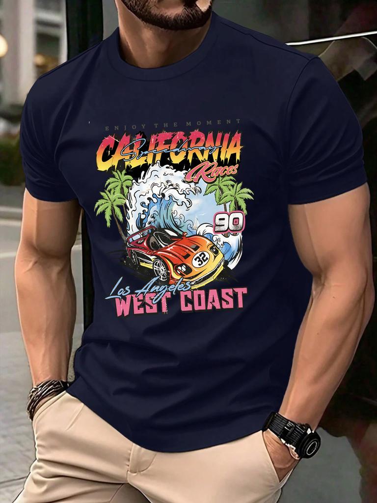 California West Coast Print Mens T Shirts Hip Hop AllMatch Tops Casual Cotton Vintage Clothes Male Loose Crewneck Streetwear