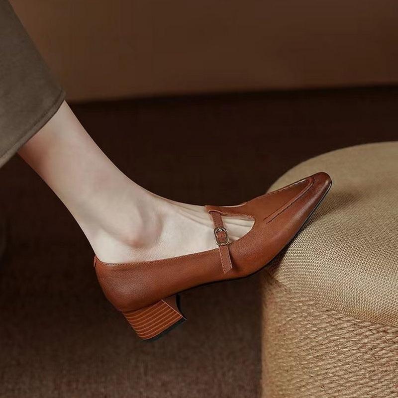 

Модная офисная обувь FHC, Модные средние каблуки, Квадратный носок, Ремешок с пряжкой спереди, 35-39, Французский стиль, Черный, Коричневый, Быстрая дропшиппинг 39 коричневый