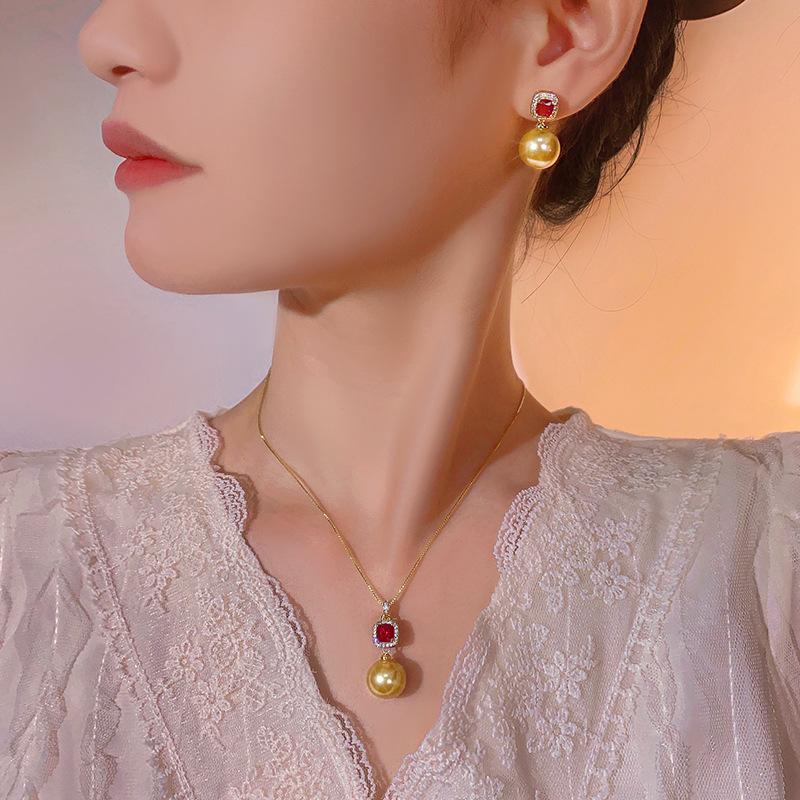 Jewelry Copper Bottom Gold Plated Red Corundum Dark Gold Pearl Premium Set Women 14-12M
