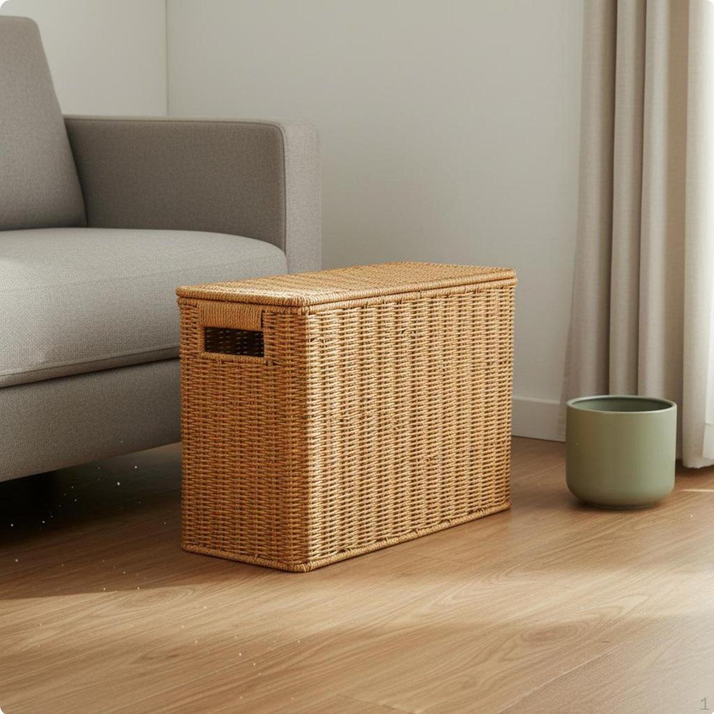 Braided Container Basket with Lid Sturdy Frame Rattan Style Storage Box Handwoven Woven Decorative