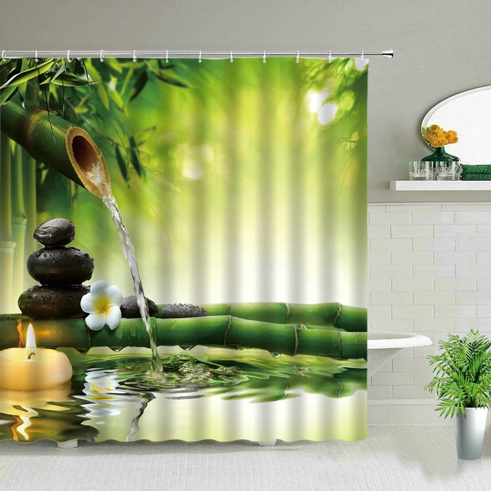 Zen Green Bamboo Buddha Shower Curtains Water Candle Stone Lotus Plant Garden Scenery 3D Home Decor Cloth Hooks Bathroom Curtain