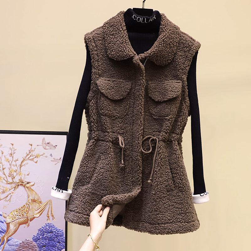 Lamb Wool Waistcoat Jacket Female Autumn and Winter Loose Mid-length Outer Jacket Solid Color Pocket Sleeveless Sweater