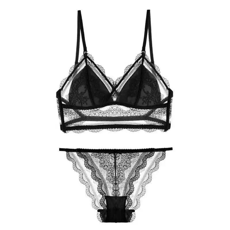 French U‑Shape Beautiful Back Lace Lingerie Set,Wire‑Free Thin Triangle Cup Sexy Bra Set for Women