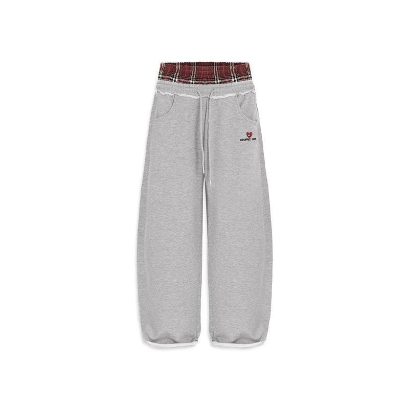 Double Waistband Distressed Loose Sweatpants Streetwear Plaid Patchwork Drawstring Wide Leg Trousers