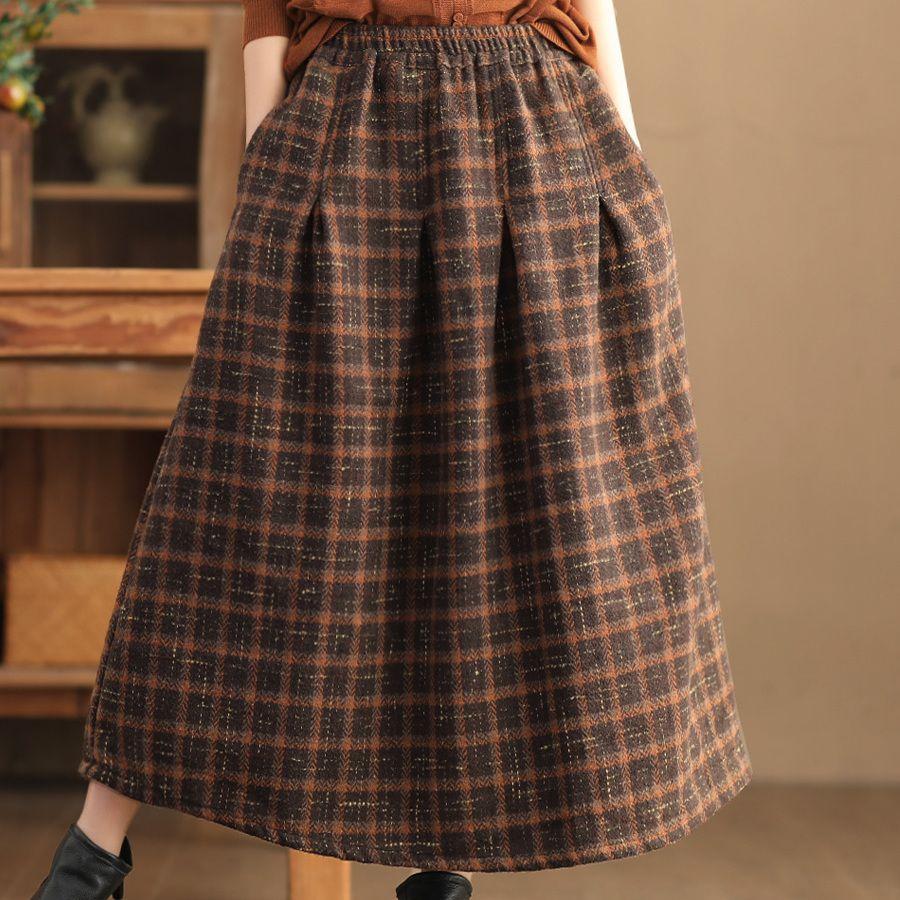 Spódnice midi w kratę w stylu vintage, damskie, workowate, z wysokim stanem, w kształcie litery A, grubsze, w stylu francuskim, z kieszeniami, spódnice damskie, modne, eleganckie