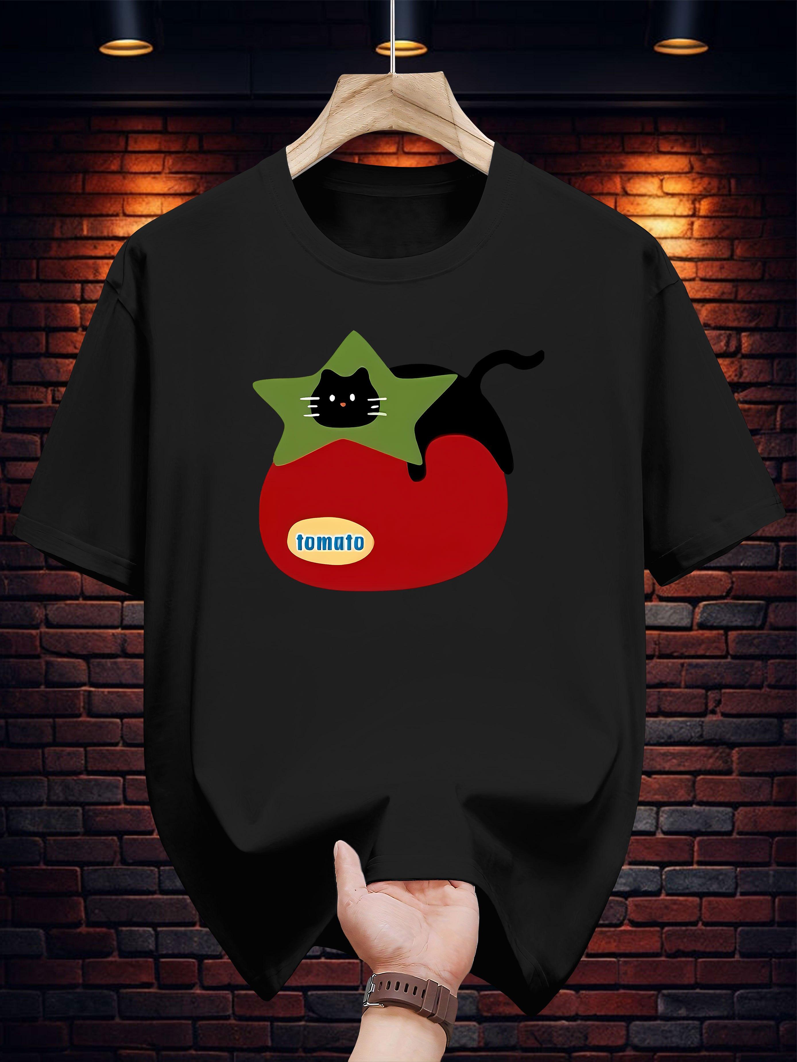 T-shirt with Playful Black Cat & Tomato Graphic Print - Casual Summer Tee XXXL