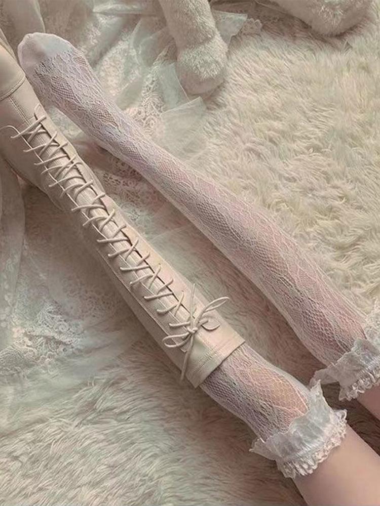 White Wisteria Knee Length Stockings Lace Lace Over Knee Tower Thin Long Tube Stockings Women JK Long Stockings