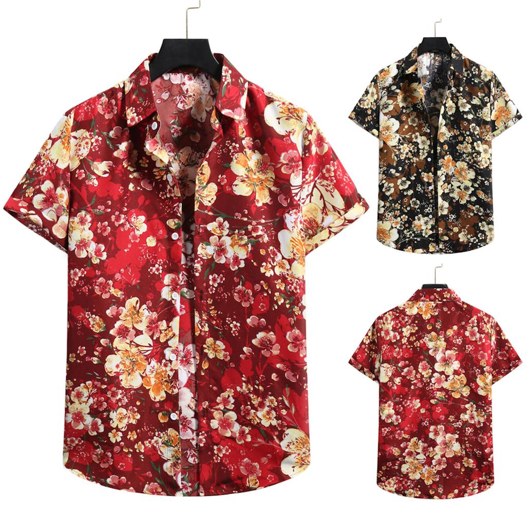 Men's Cardigan Short Sleeve Hawaiian Beach Flower Shirt Men's Turtleneck Shirt