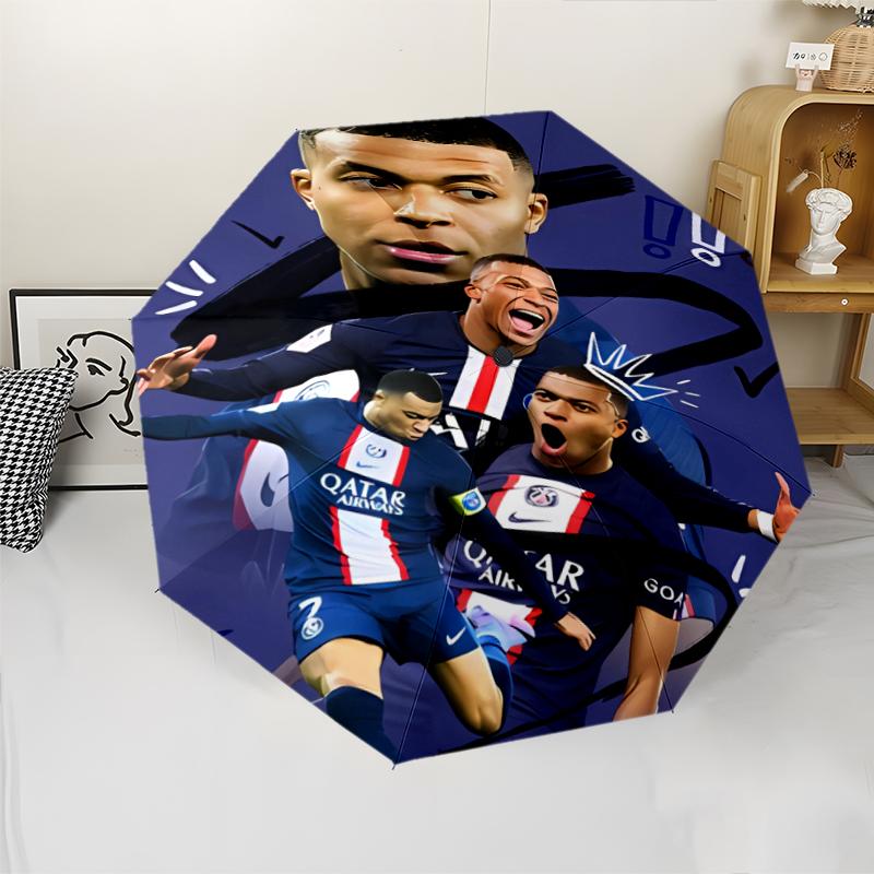 Kylian Mbappé Print Automatic Umbrella, 8 Rib Iron Frame, Plastic Handle, Suitable for Outdoor Travel &Daily , Ideal Gift