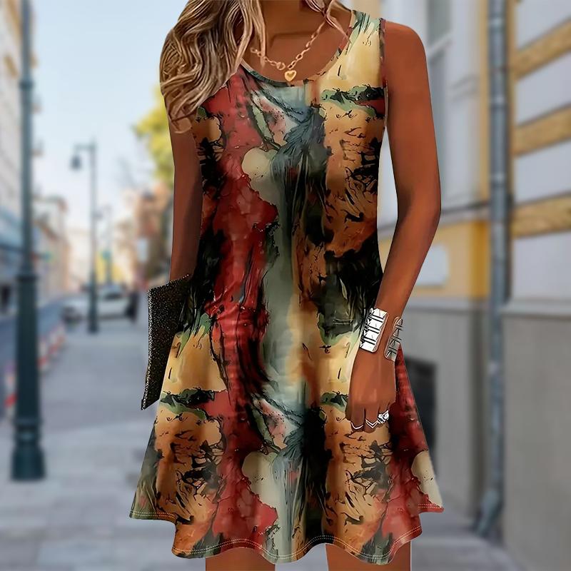 Women's Dragonfly Printed Sleeveless Round Neck Dress Loose Soft and Comfortable Plus Size Dress