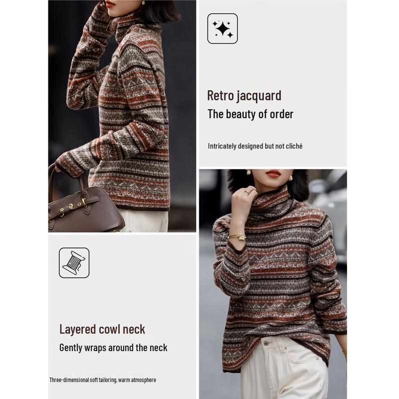 Demana Women's 100% Merino Wool Retro Jacquard Mock Neck Sweater