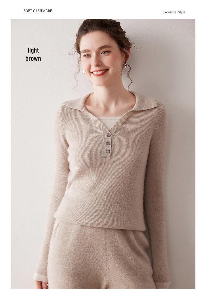 Elegant Two-Piece Look POLO Collar Cashmere Sweater for Women - Autumn/Winter 2025 Collection, Color Block Knit Lapel Base Layer Top