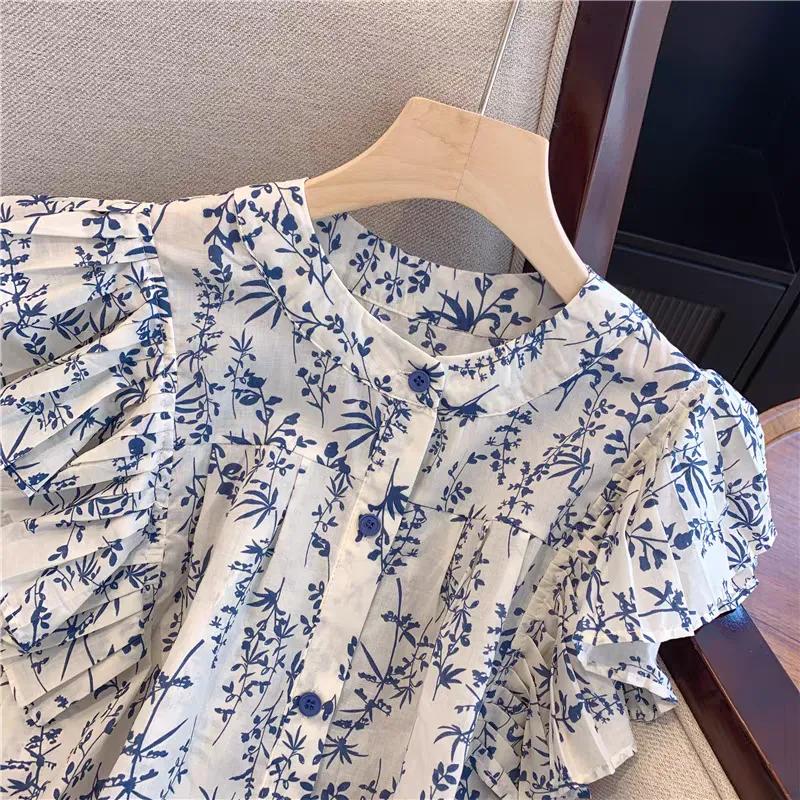 Women Blue Floral Print Blouse Ruffle Sleeve Button Down Top S синий