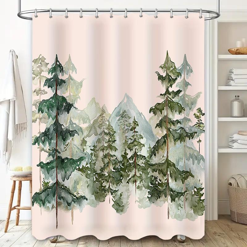 Forest Landscape Shower Curtain Nature Trees Mountain Backdrop Scenic Bathroom Decor Rustic Woodland Shower Curtain Greenery Bac