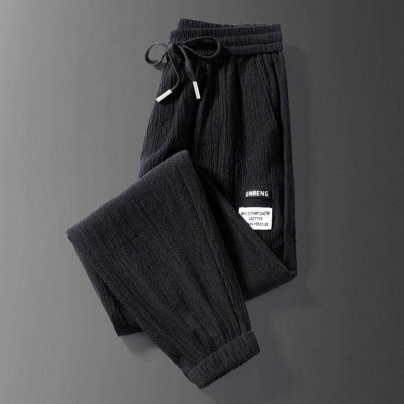 

Летние Хлопково-льняные Спортивные Штаны Молодежные Мужские Штаны с Широкими Штанинами Ледяной Шелк Быстросохнущие Брюки 3/4 Повседневные S чёрный