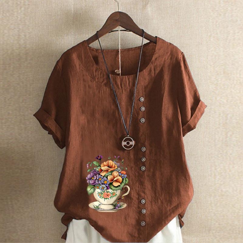 Women's Fashion Flower Prined Short Sleeve T-shirt Loose Cotton Shirt Casual Loose Summer Blouse Tops Plus Size