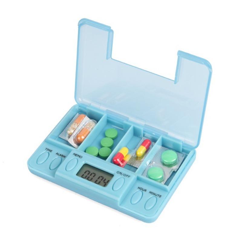 Portable 4 Compartment Smart Pill Box with 8 Group Alarm Reminder for Travel Home Medication Pills Organizer
