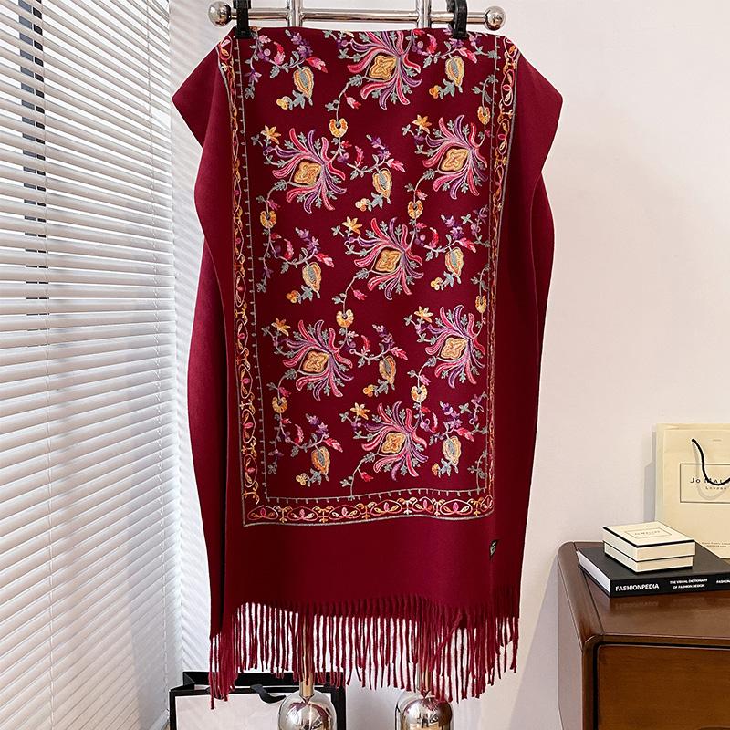 Luxury High Quality Embroidery Scarf Elegant Women Winter Thick Warm Neck Pashmina Long Fringe Scarves Lady Blanket Soft Shawl