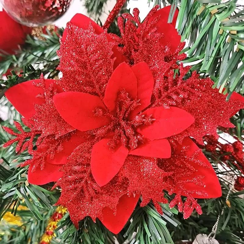 10Pcs/Pack Christmas Flowers Sparkling 14CM with Clips Xmas DIY Glitter Poinsettia Wreath