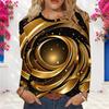 Plus Size Women Long Sleeve Shirt Abstract Glitter Gold Green Swirl Print Crew Neck Casual Loose Pullover Blouse