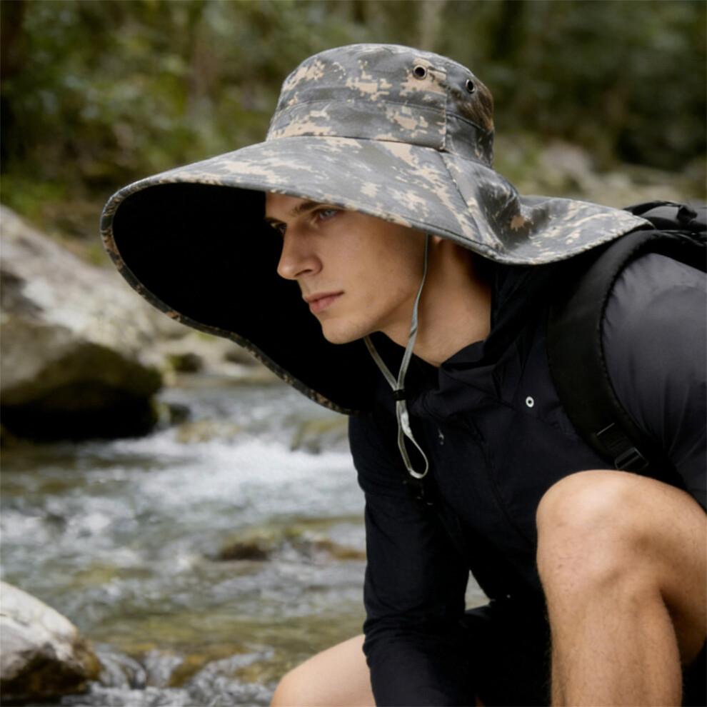 (M, Gray) Men Sun Hat, Camouflage Wide Brim Bucket Hat Sun Protection Hat Summer Cap for Outdoor Camping