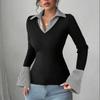Women's Fashion Long Sleeve Casual Pullover Shirt Two Piece Look V Neck Layered Collar Top Slim Fit Lightweight