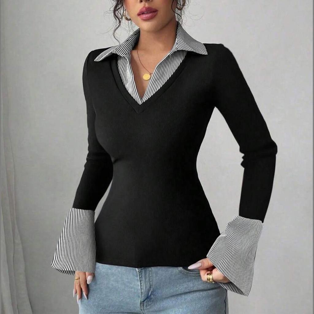 Women's Fashion Long Sleeve Casual Pullover Shirt Two Piece Look V Neck Layered Collar Top Slim Fit Lightweight
