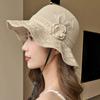 Women Floral Crochet Bucket Hat Ruffle Wide Brim Sun Hat with Chin Strap Breathable Hollow Knit Fisherman Cap for Outdoor Travel Sun Protection