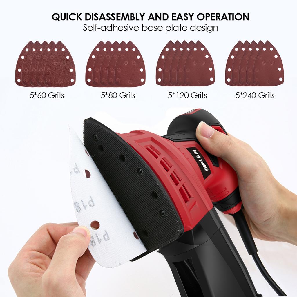 200W Detail Sander Compact Electric Sander with 20Pcs Sandpaper for Wood Woodworking Sanding Works