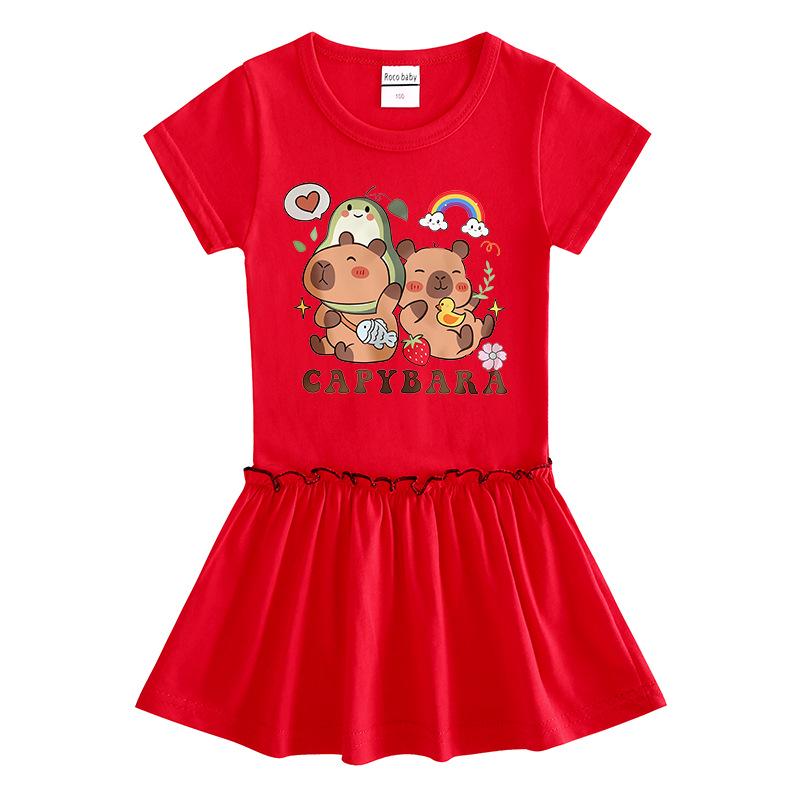 Summer Girls' Cartoon Raglan Short Sleeve Pleated Dress with Ruffle Skirt